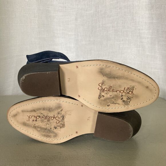Splendid Suede Booties 7.5 US Carmelo Ankle Wrap Almond Toe Hook & Loop Blue EUC - Picture 7 of 9
